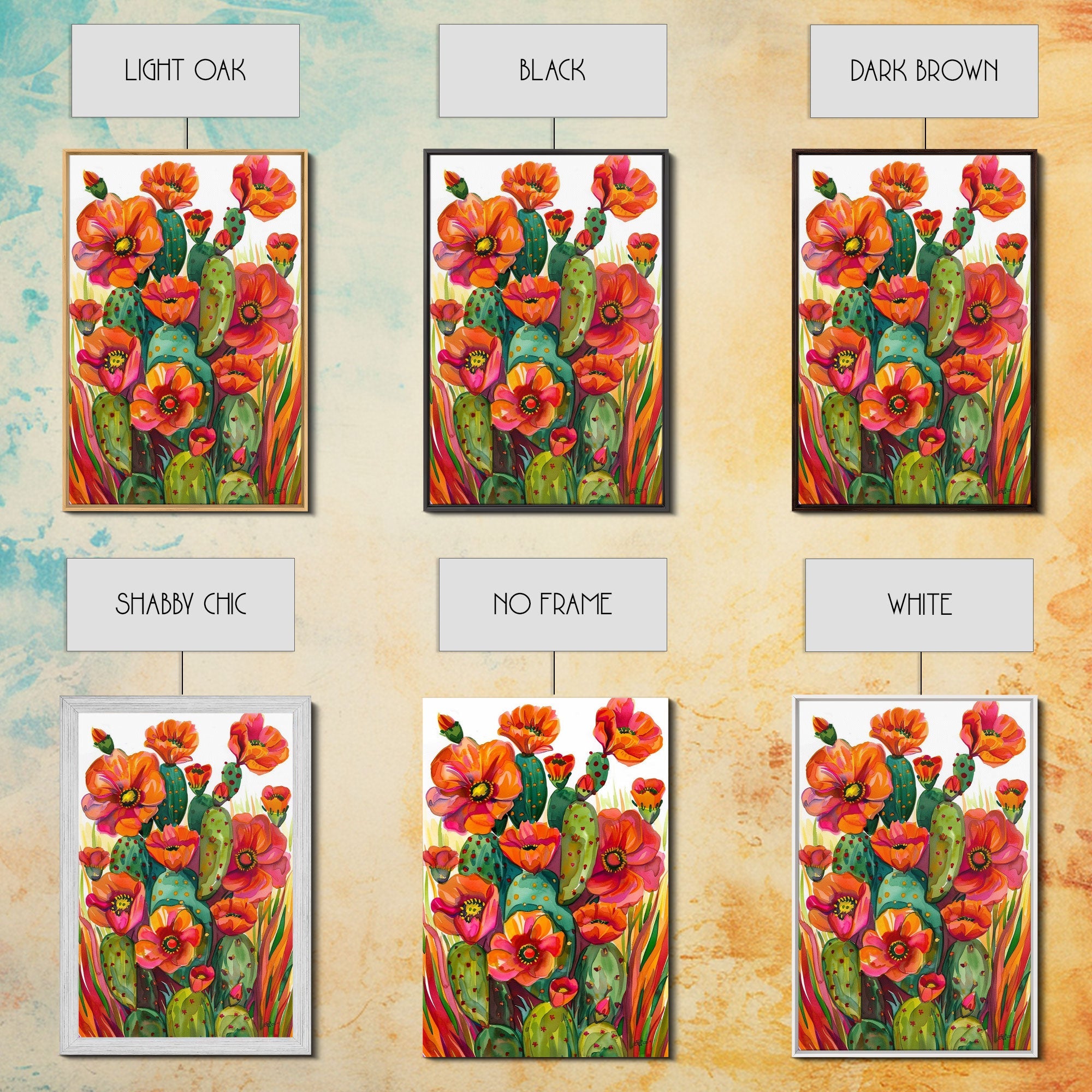 Vibrant Desert Cactus and Flowers, Living Room or Bedroom Wall Art, Framed Canvas Print for Home Decor, Botanical Artwork