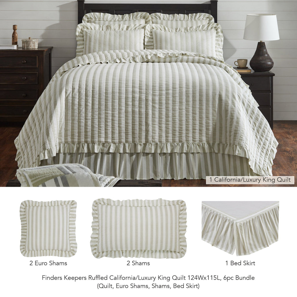 Finders Keepers Ruffled Grey Stripe 6pc Quilt Bundle - Luxury King